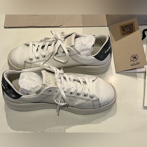 Womens Golden Goose White Purestar Sneakers with Dark Metallic Grey Glitter Heel - Picture 4 of 5